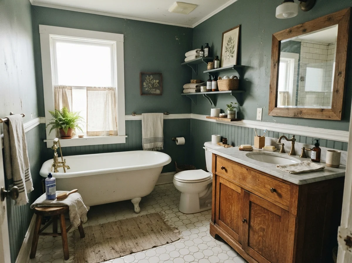 Cottage bathroom featuring Behr Hidden Gem walls and a clawfoot tub.