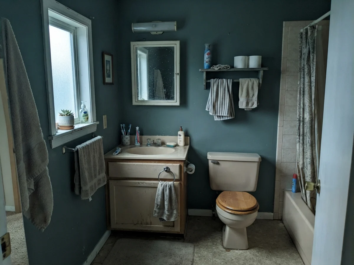 Dated bathroom with Behr Hidden Gem walls showing a cool cast.