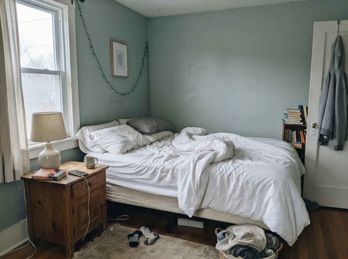 Simple bedroom with Behr Hidden Gem walls looking washed out in early morning daylight.