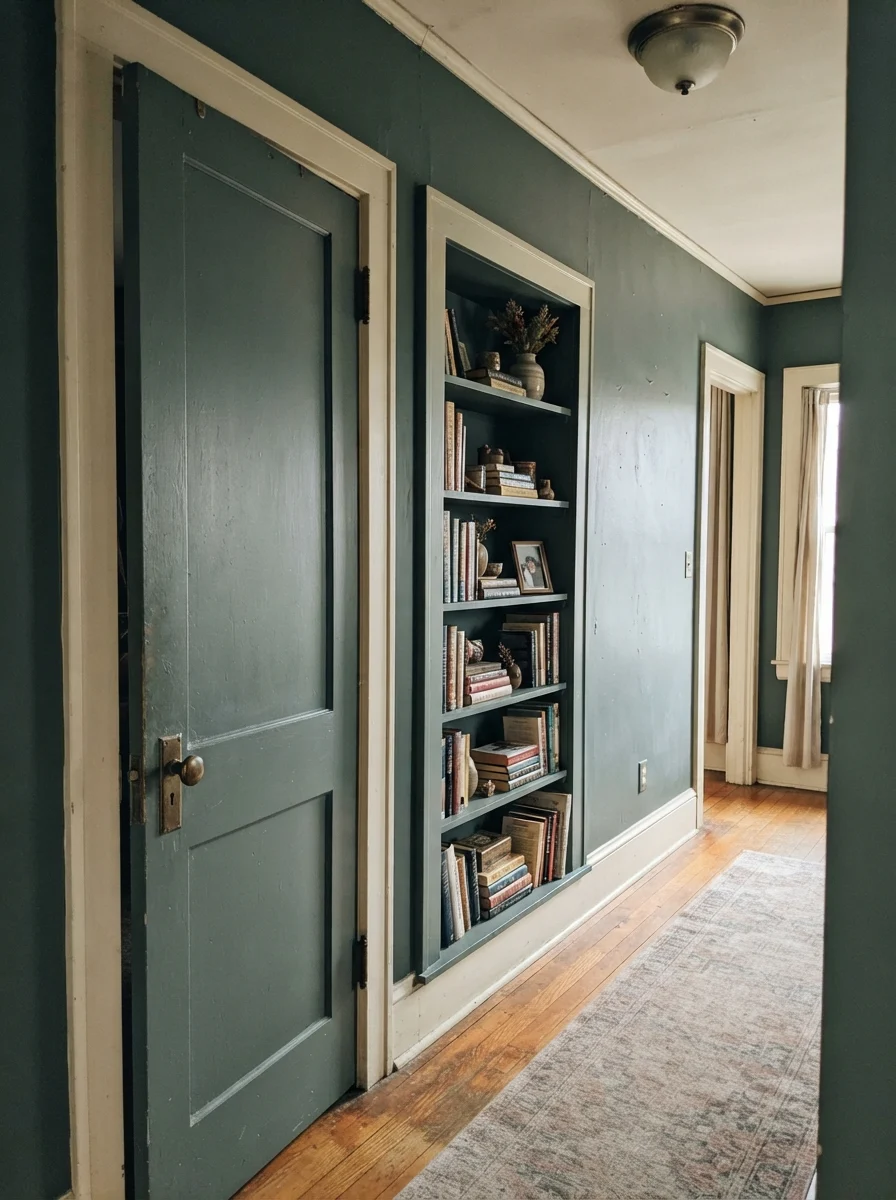 Hallway door and built-in bookshelf painted Behr Hidden Gem.
