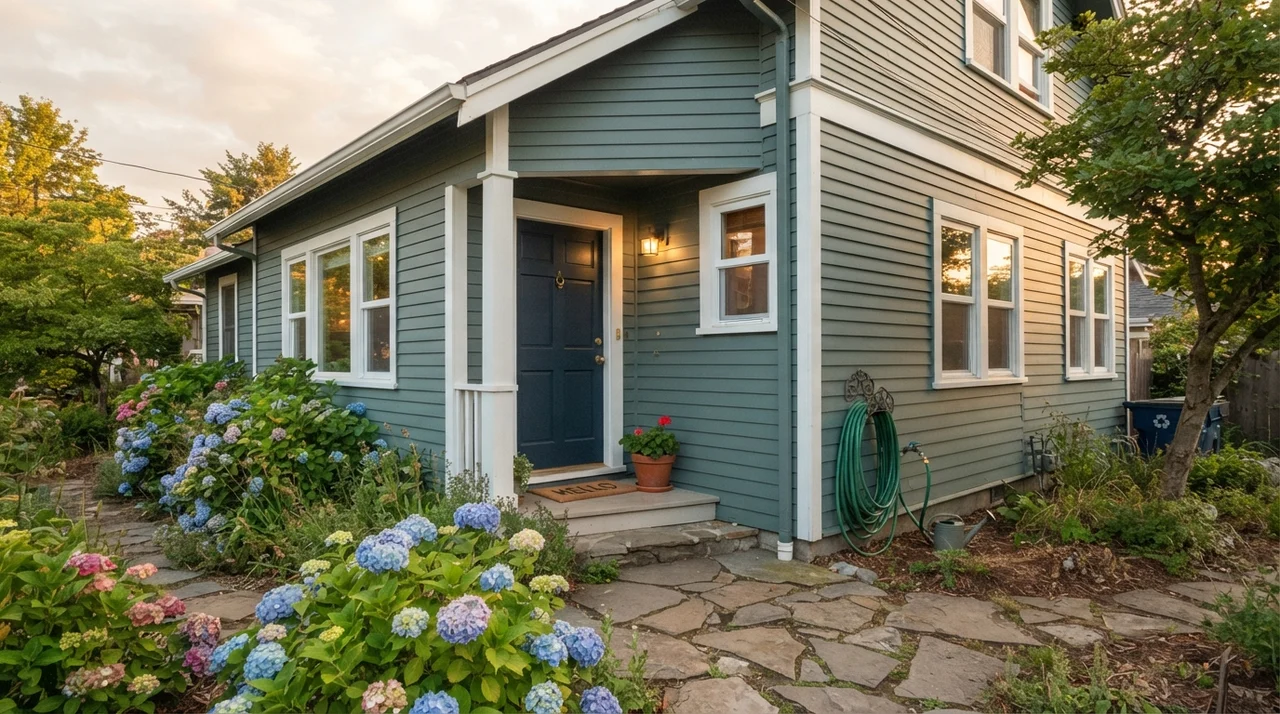 House exterior with siding painted Behr Hidden Gem and white trim.