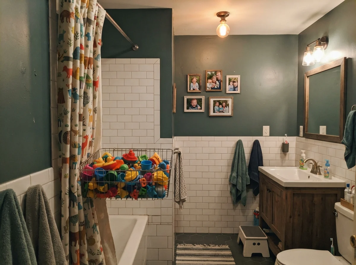 Kids bathroom with Hidden Gem walls and bath toys.