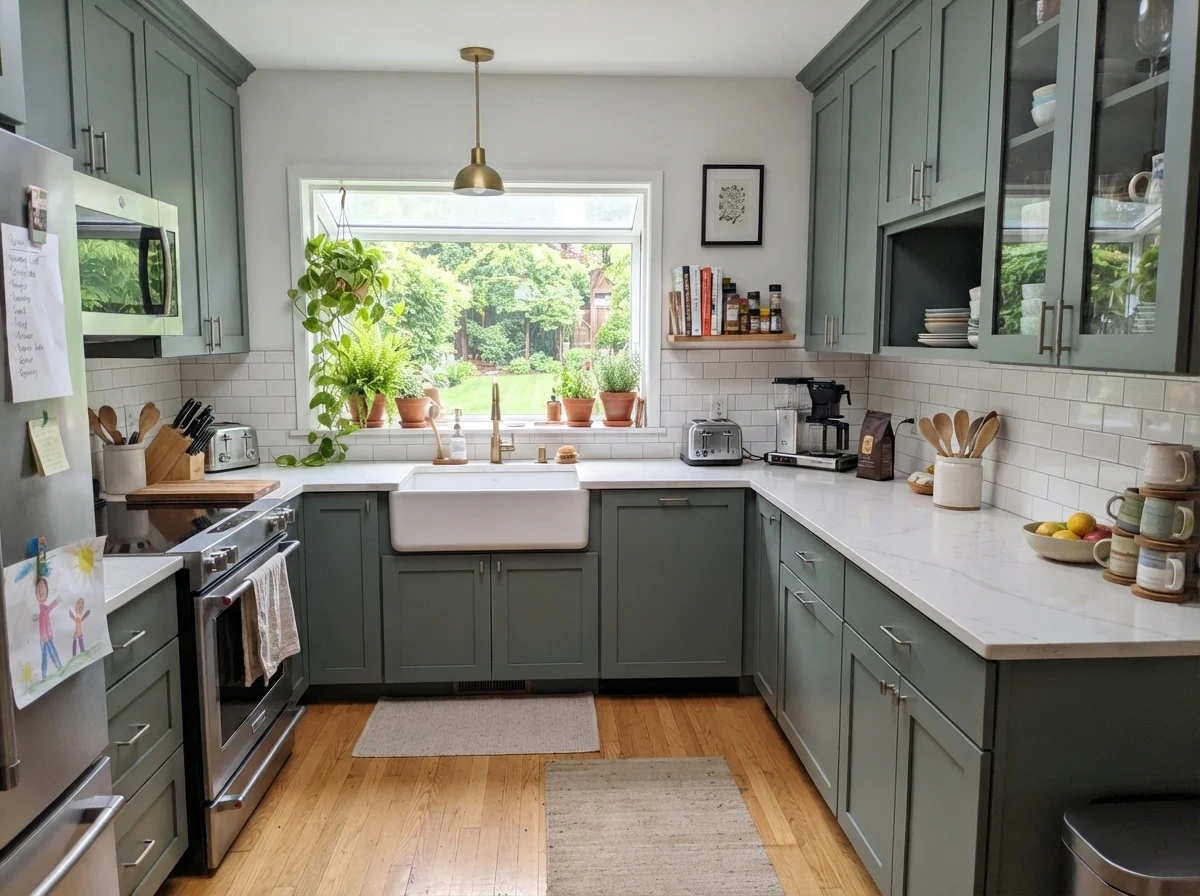 Kitchen with upper and lower cabinets painted Behr Hidden Gem.
