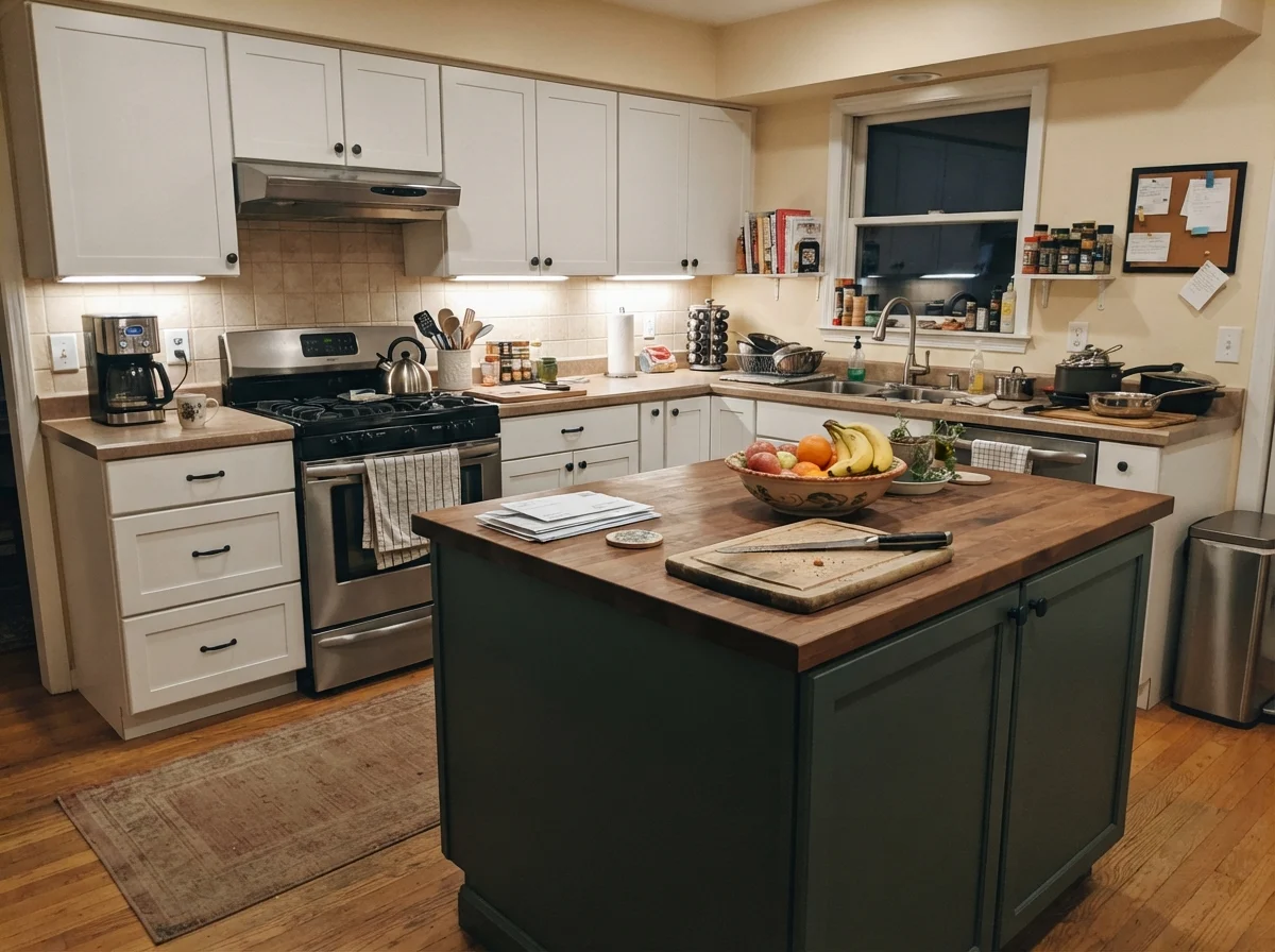 Kitchen island painted Behr Hidden Gem with white perimeter cabinets.