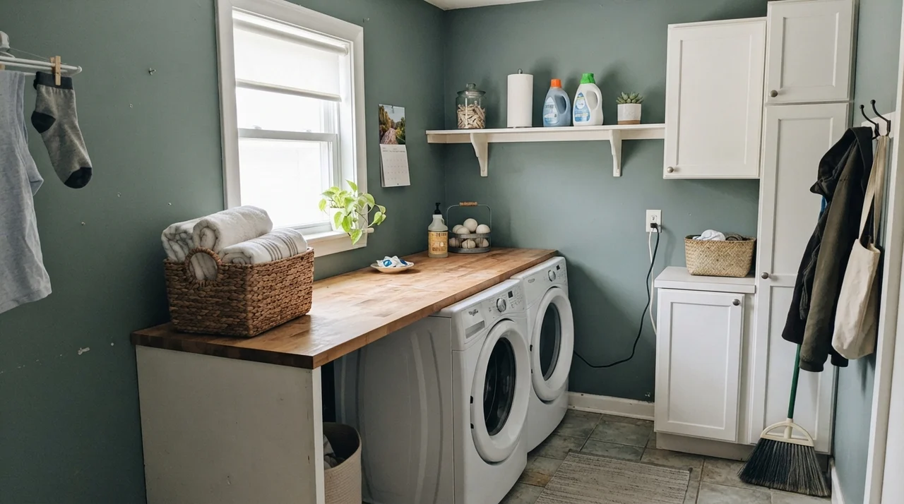 Laundry room with Behr Hidden Gem walls and butcher block counter.
