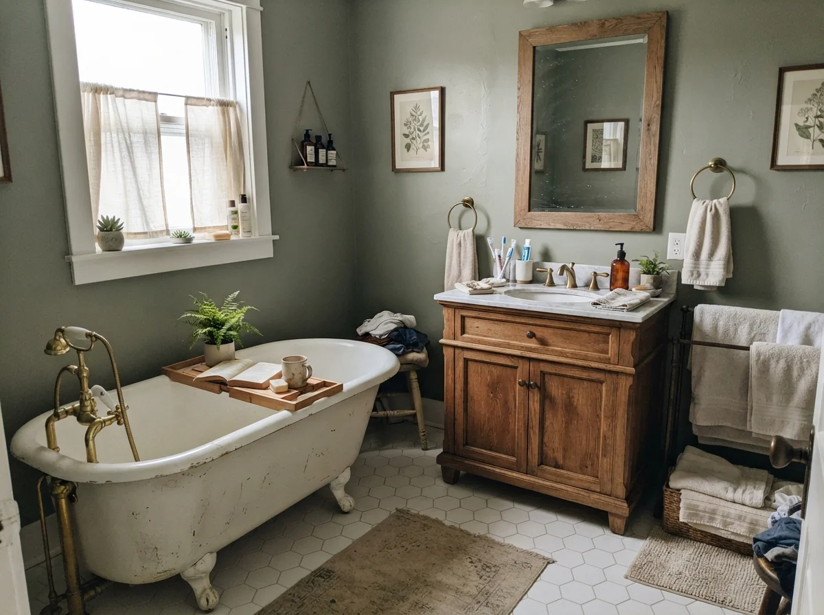 Cottage bathroom featuring white clawfoot tub and Sage Green walls
