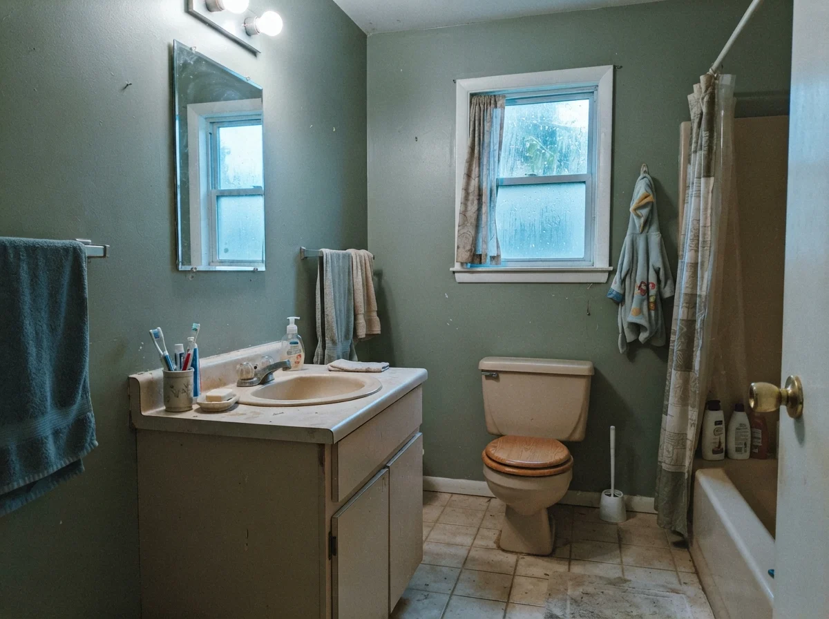 Dated bathroom with Sage Green walls showing a cool blue-gray cast
