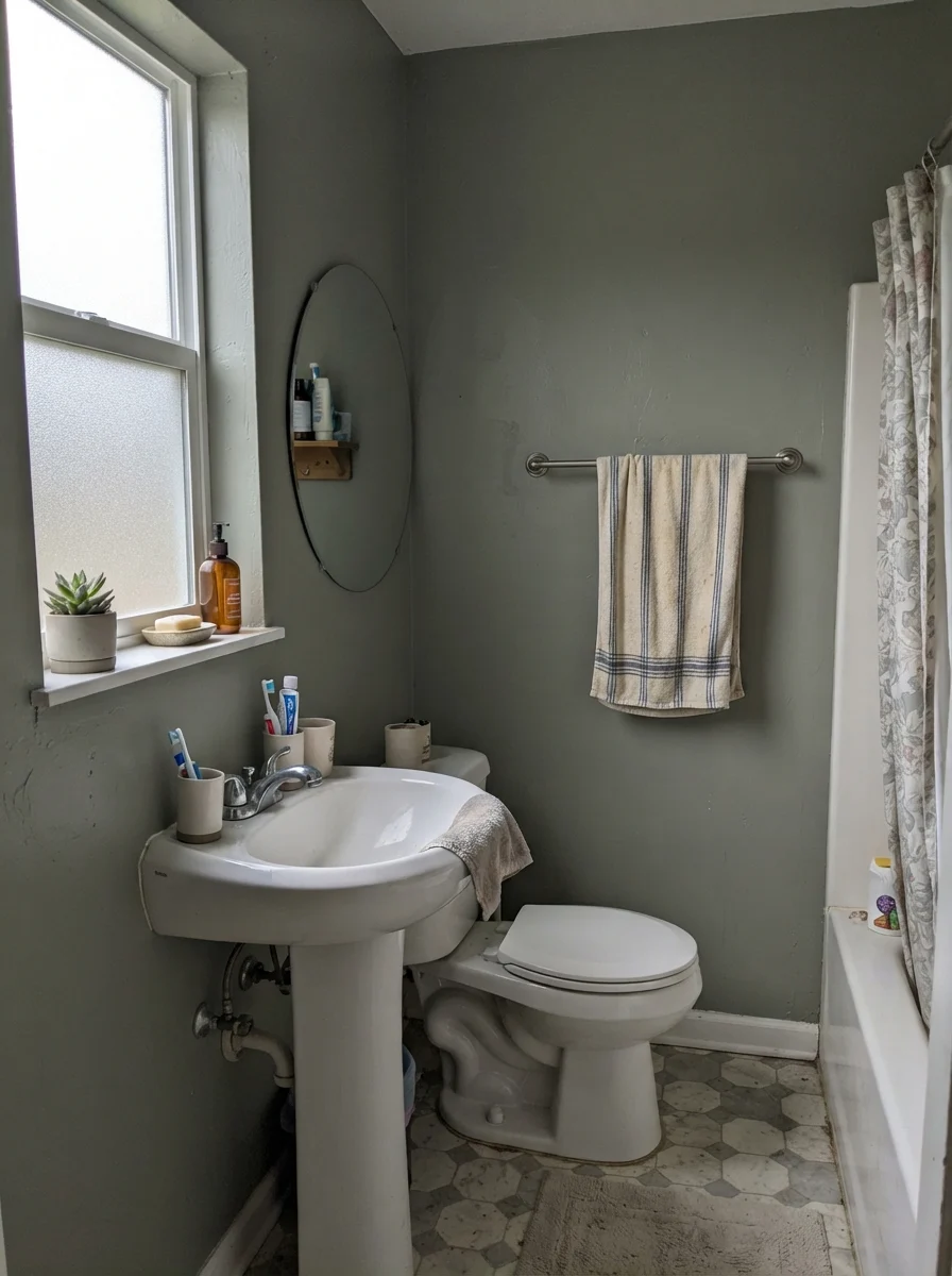 Small bathroom with Sage Green walls looking gray in overcast light