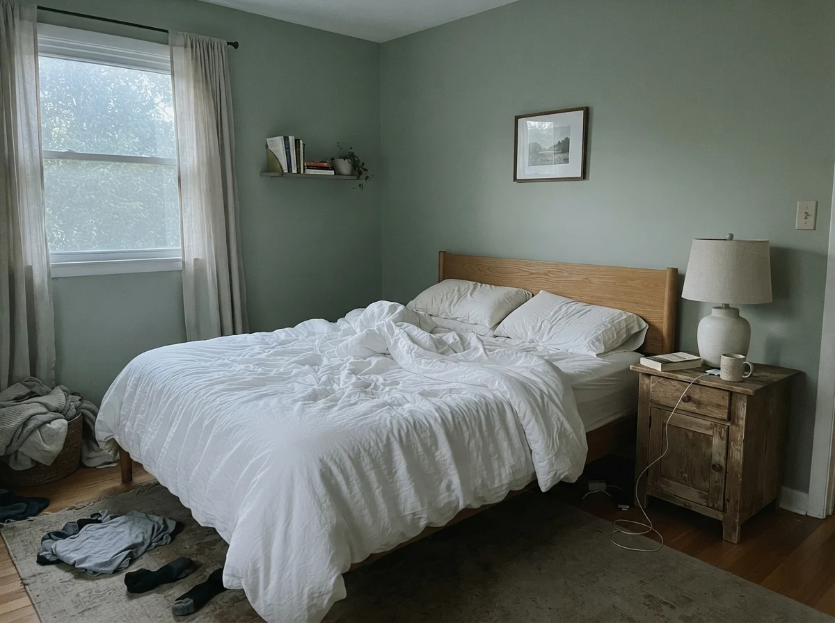 Bedroom with Sage Green walls looking quiet and pale in morning light