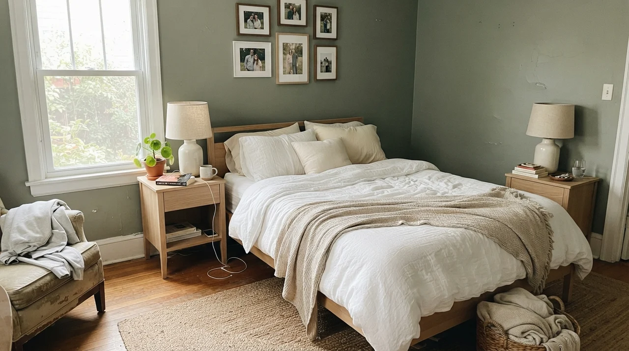 Primary bedroom with painted Sage Green walls and white linen bedding