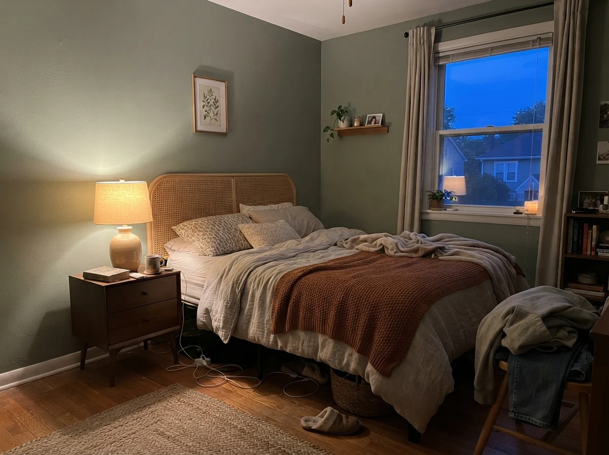 Bedroom with warm lamp lighting transforming Sage Green walls into deep cozy green