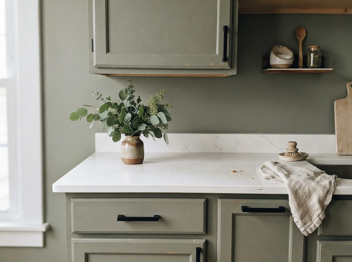 Shaker cabinet painted Sage Green with matte black hardware and white quartz counter