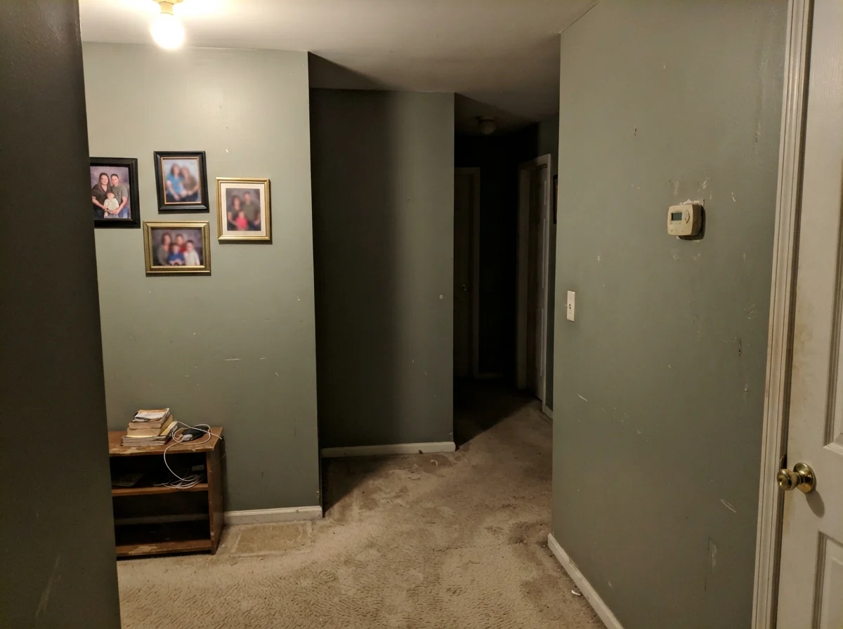 Windowless hallway showing Behr Sage Green looking muddy and flat under dim lighting