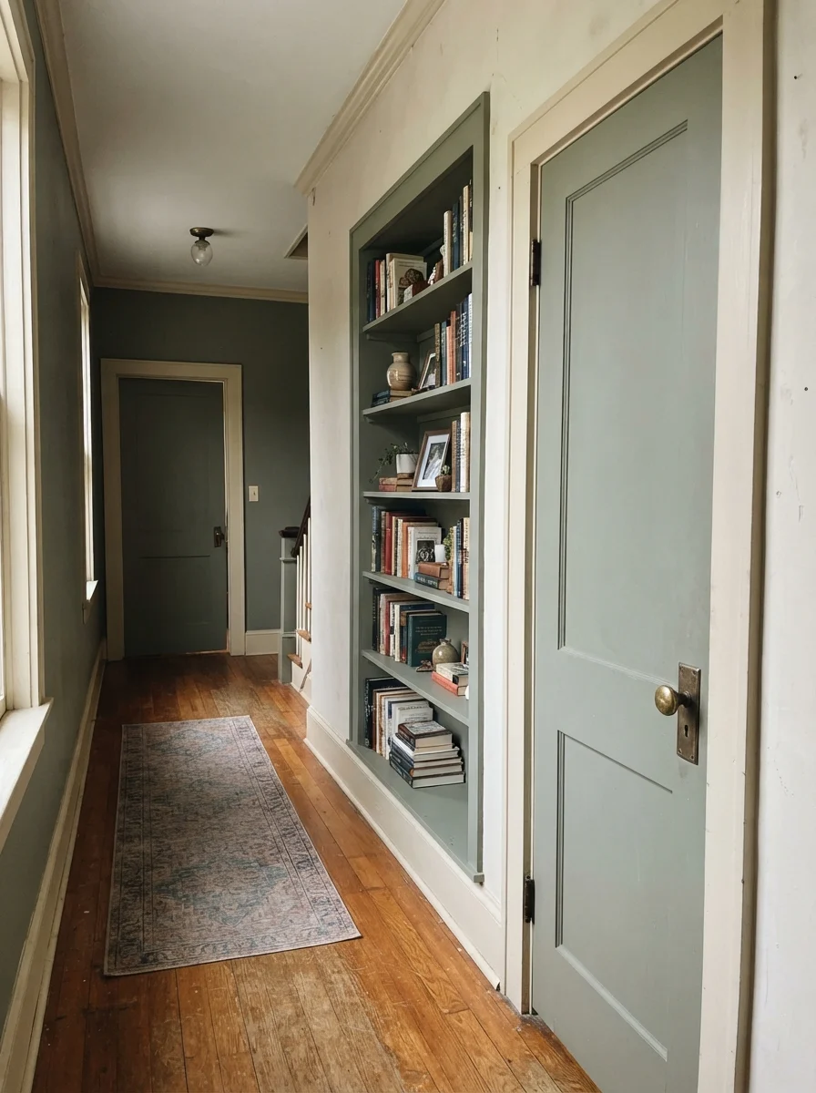 Interior door and built-in bookcase painted Behr Sage Green with brass hardware