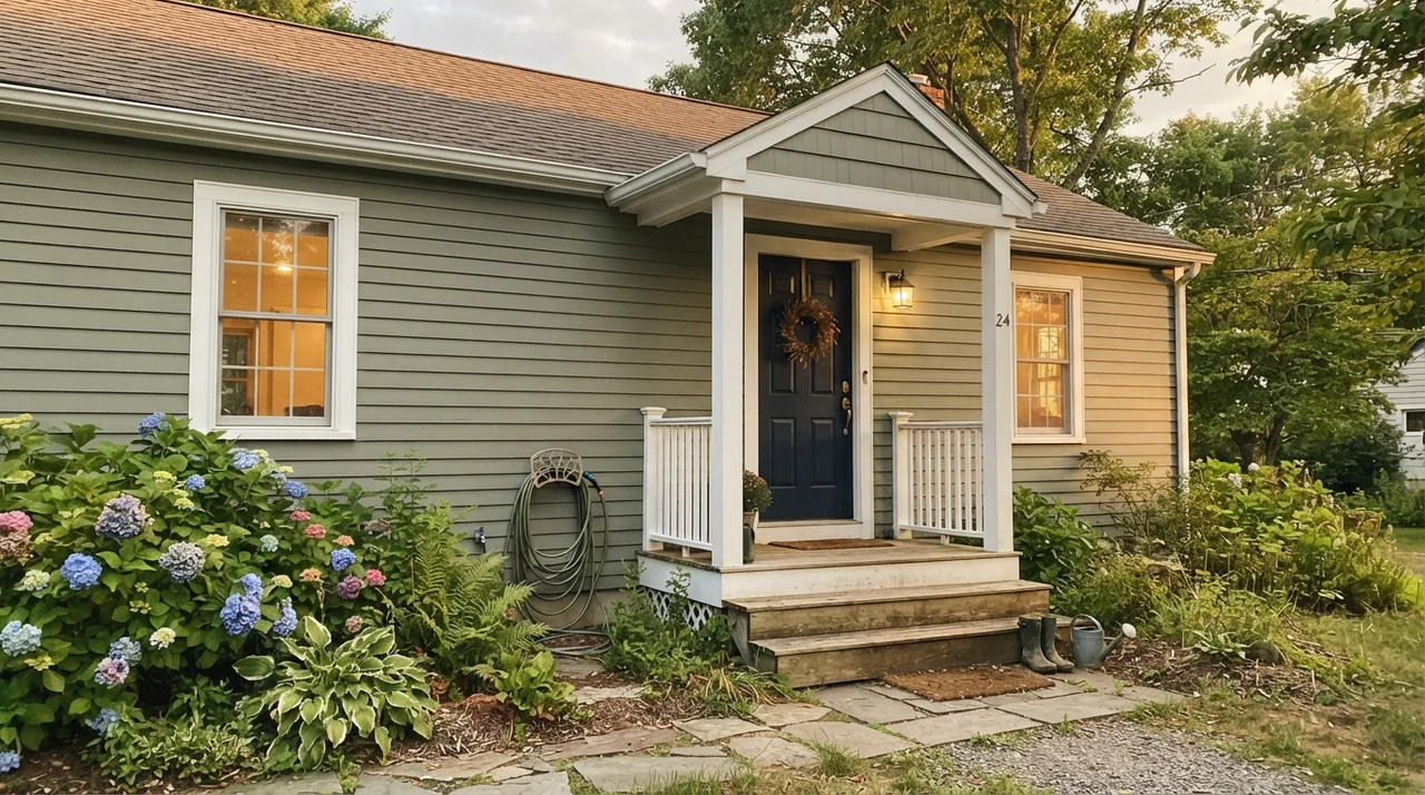 House exterior with horizontal siding painted Sage Green and white trim