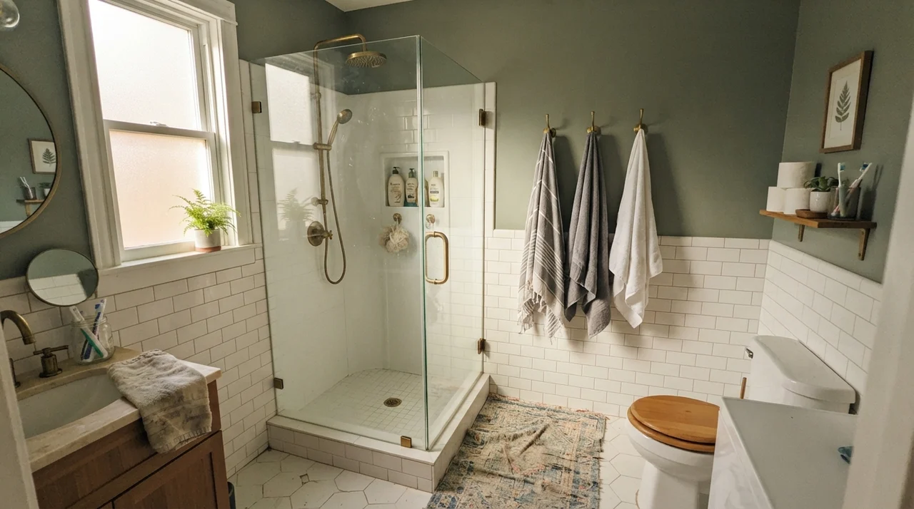 Family bathroom upper walls painted Behr Sage Green above white subway tile wainscot with brass fixtures