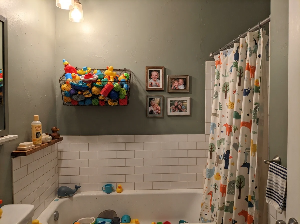Kids bathroom with painted Sage Green upper walls and white subway tile