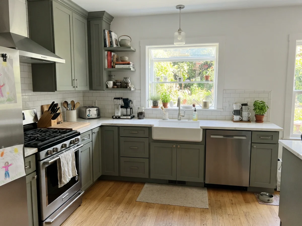 Kitchen shaker cabinets painted Behr Sage Green with white subway backsplash and oak floors