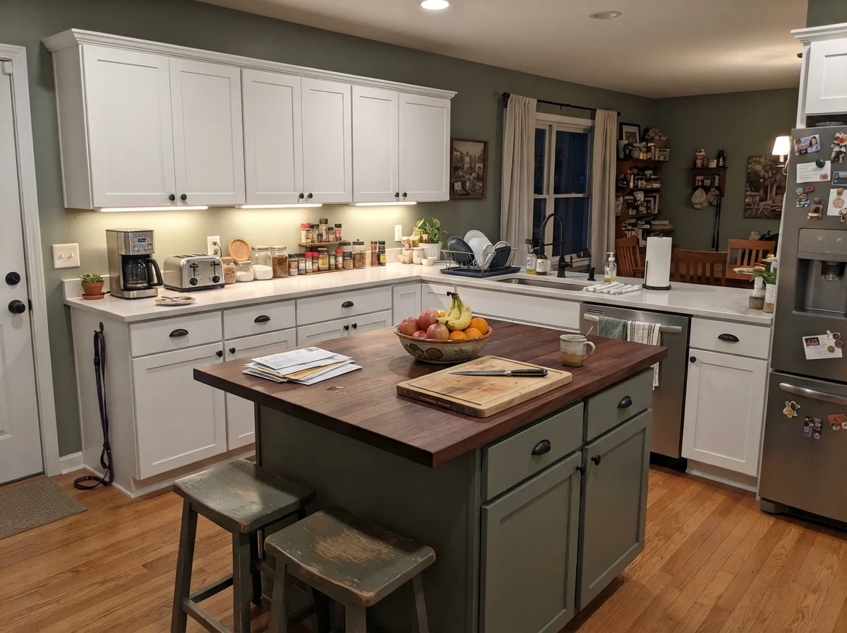 Kitchen island painted Sage Green surrounded by white cabinets in evening light