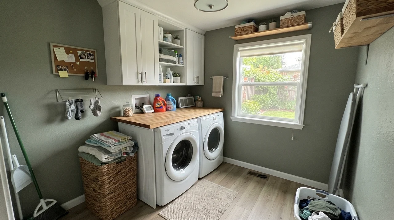 Laundry room with Sage Green walls, white cabinets, and butcher-block counter