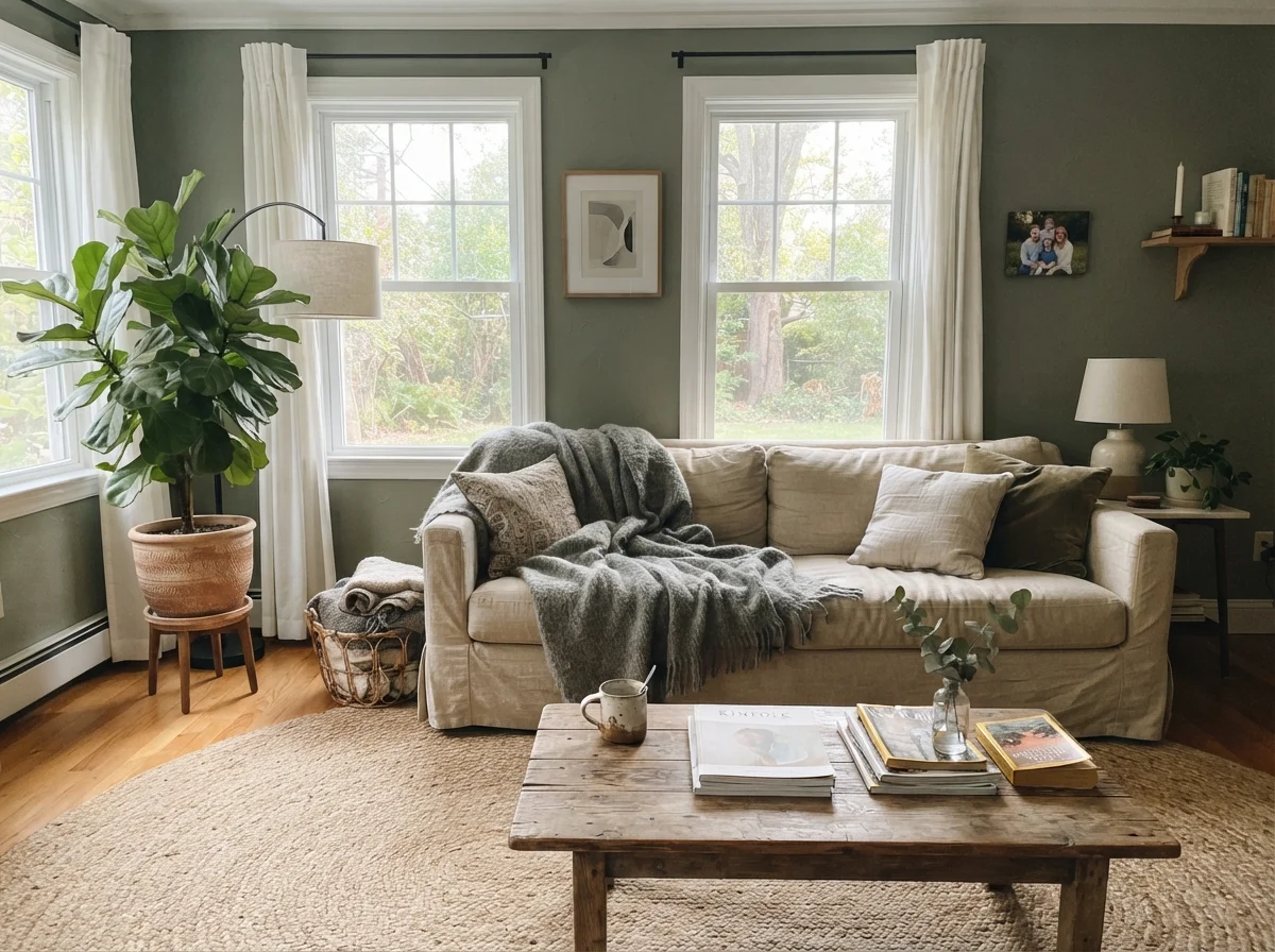 Sunlit living room with Behr Sage Green walls, linen sofa, and wood table