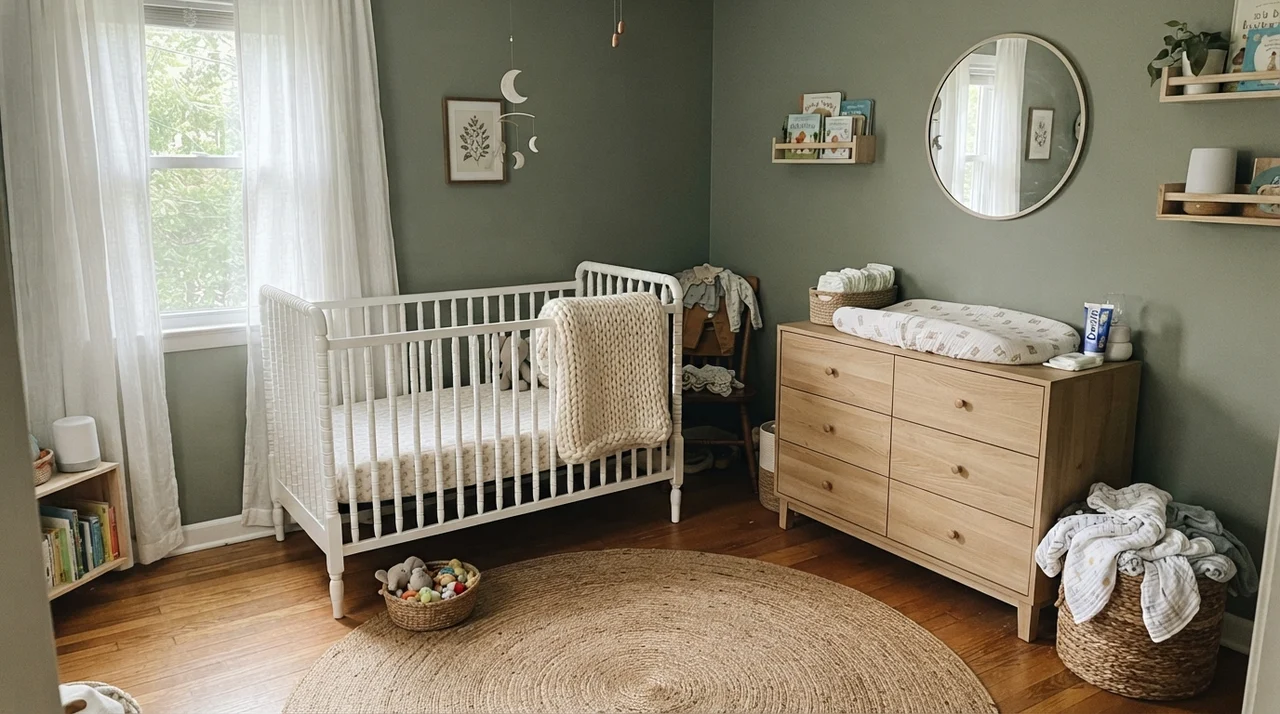 Nursery with Behr Sage Green walls, white crib, and light wood dresser