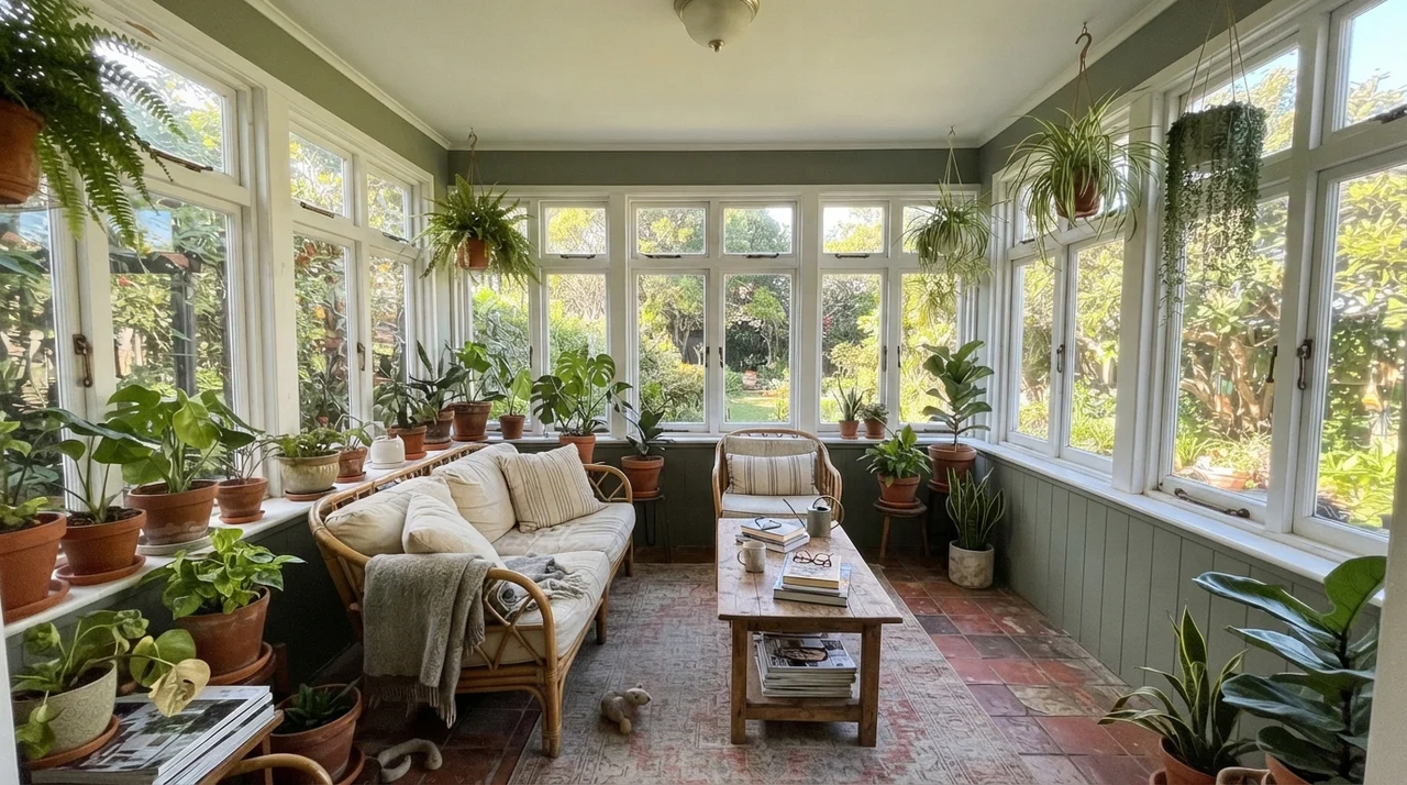 Sunroom with Sage Green walls between windows and terracotta plant pots