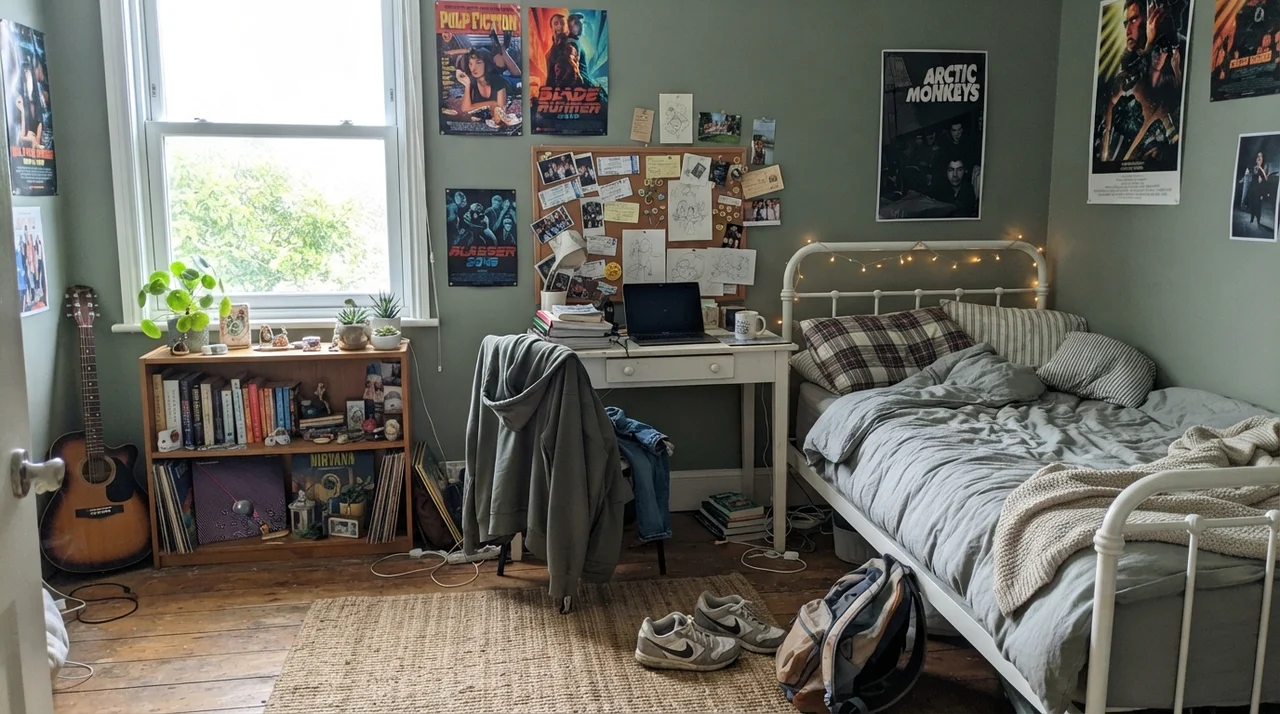 Teen bedroom with Sage Green walls and white metal bed frame