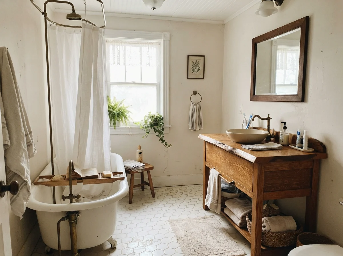 Cottage bathroom with clawfoot tub, hex tile floor, and oak vanity