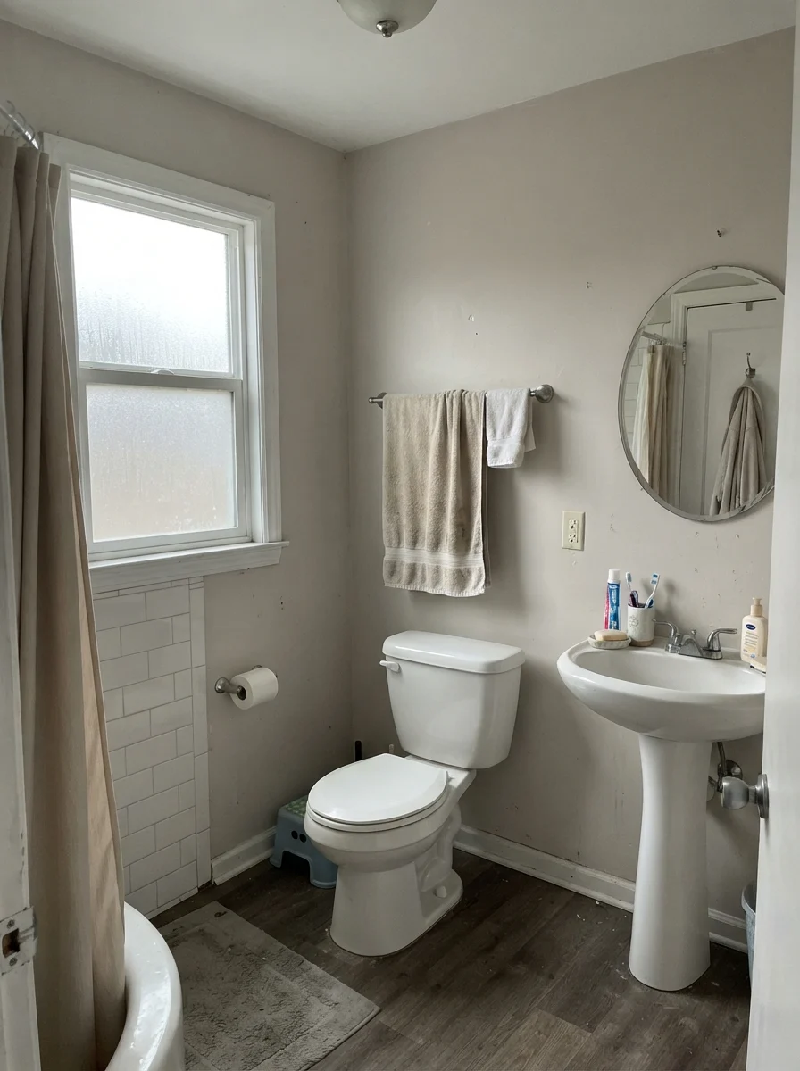 Small bathroom with muted Swiss Coffee walls on an overcast day