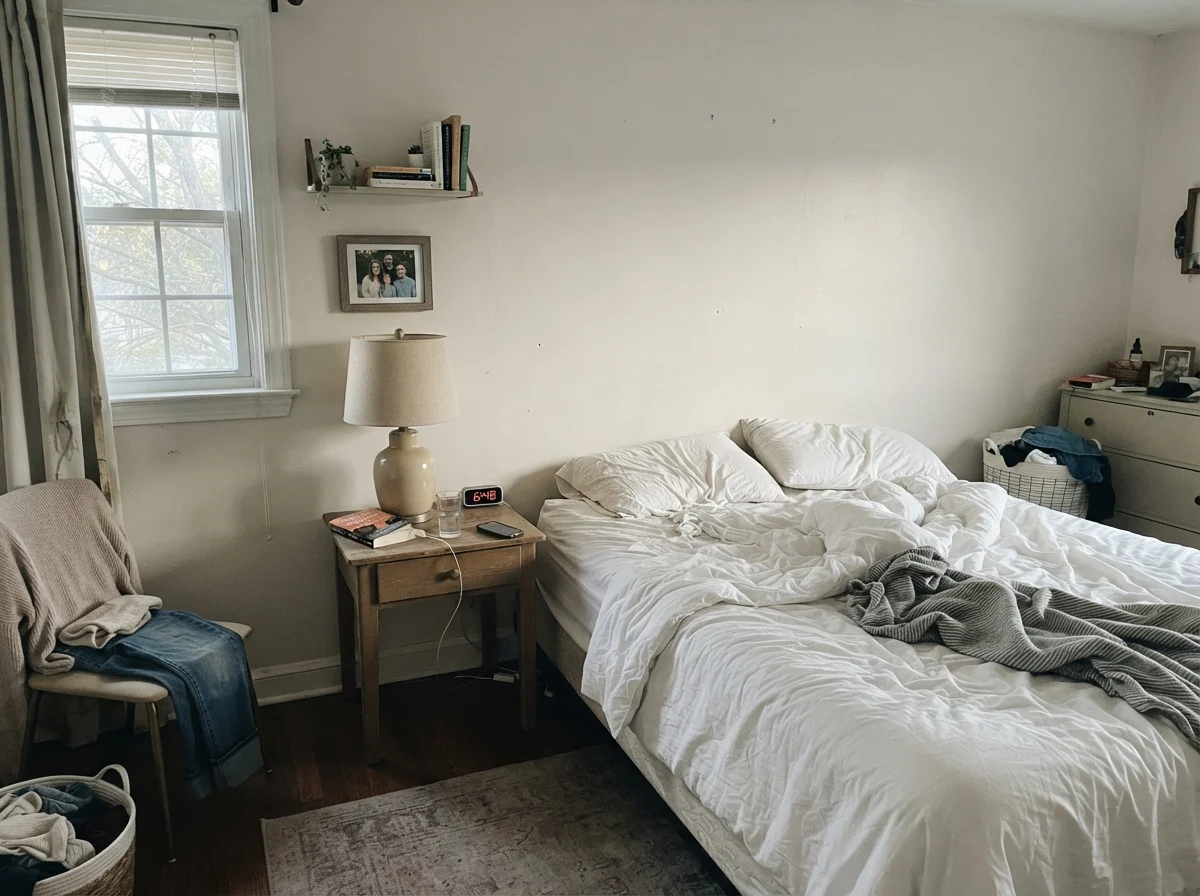Bedroom in cool morning light with Swiss Coffee walls and wood nightstand