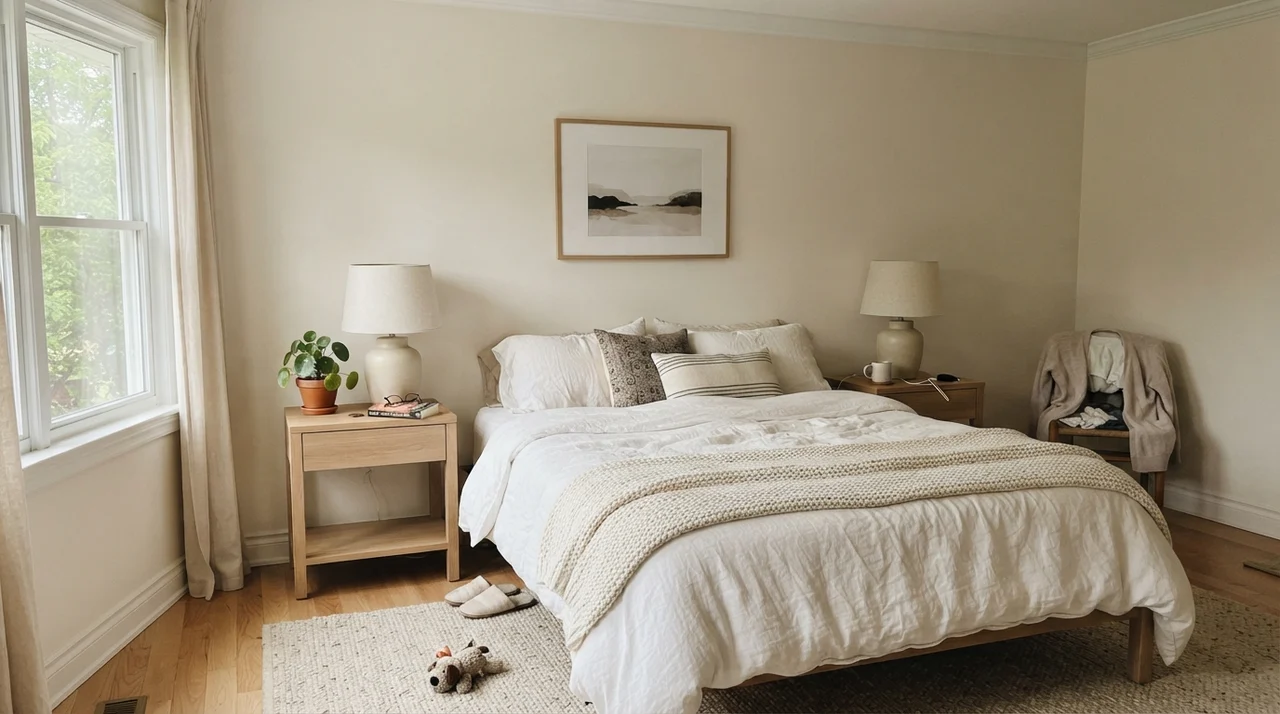 Main bedroom with Swiss Coffee walls, white linen bedding, and pale oak nightstands