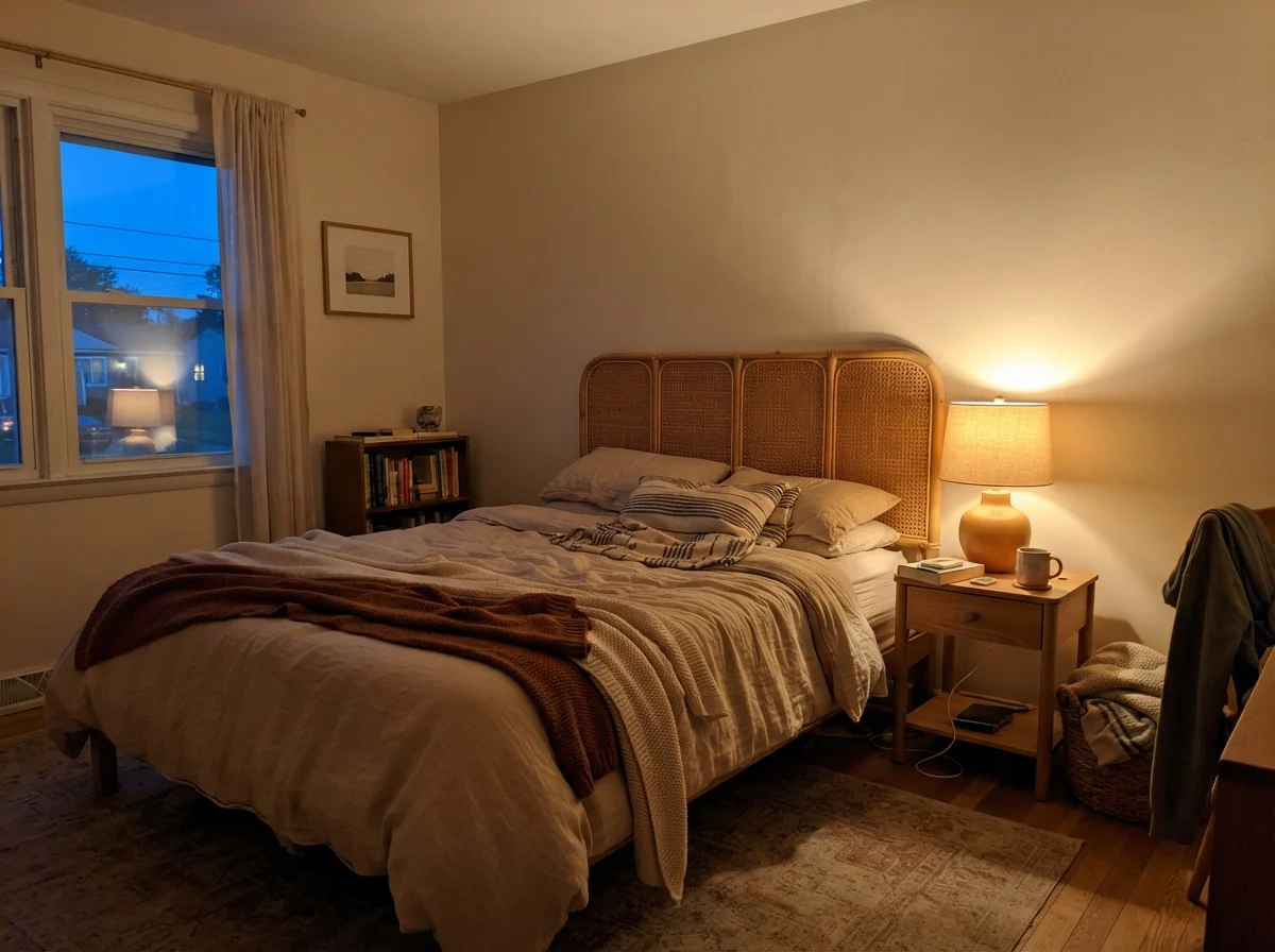 Bedroom at dusk with warm lamp light against Swiss Coffee walls and cane headboard