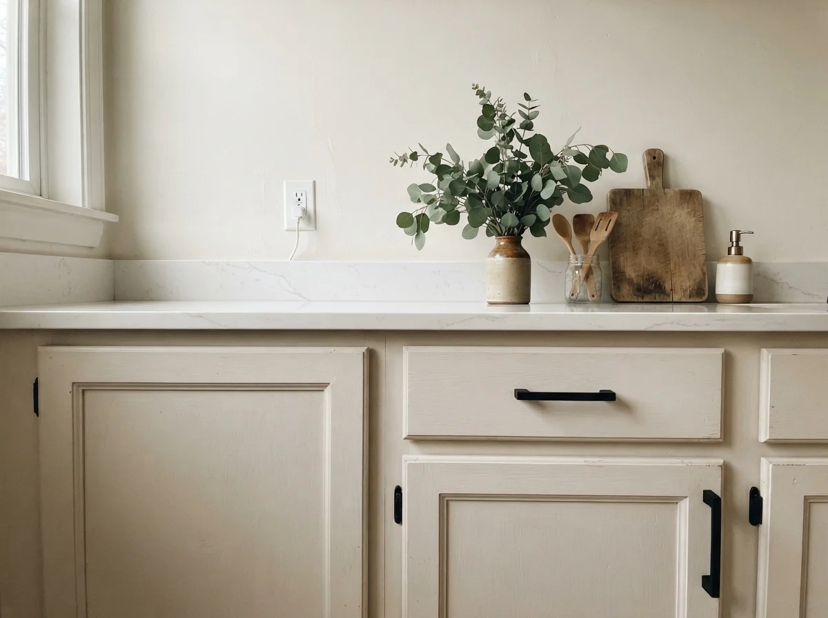 Close-up of shaker cabinet doors with black handles and white quartz counter