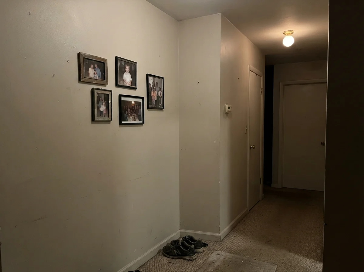 Windowless hallway corner showing Swiss Coffee looking muddy and flat