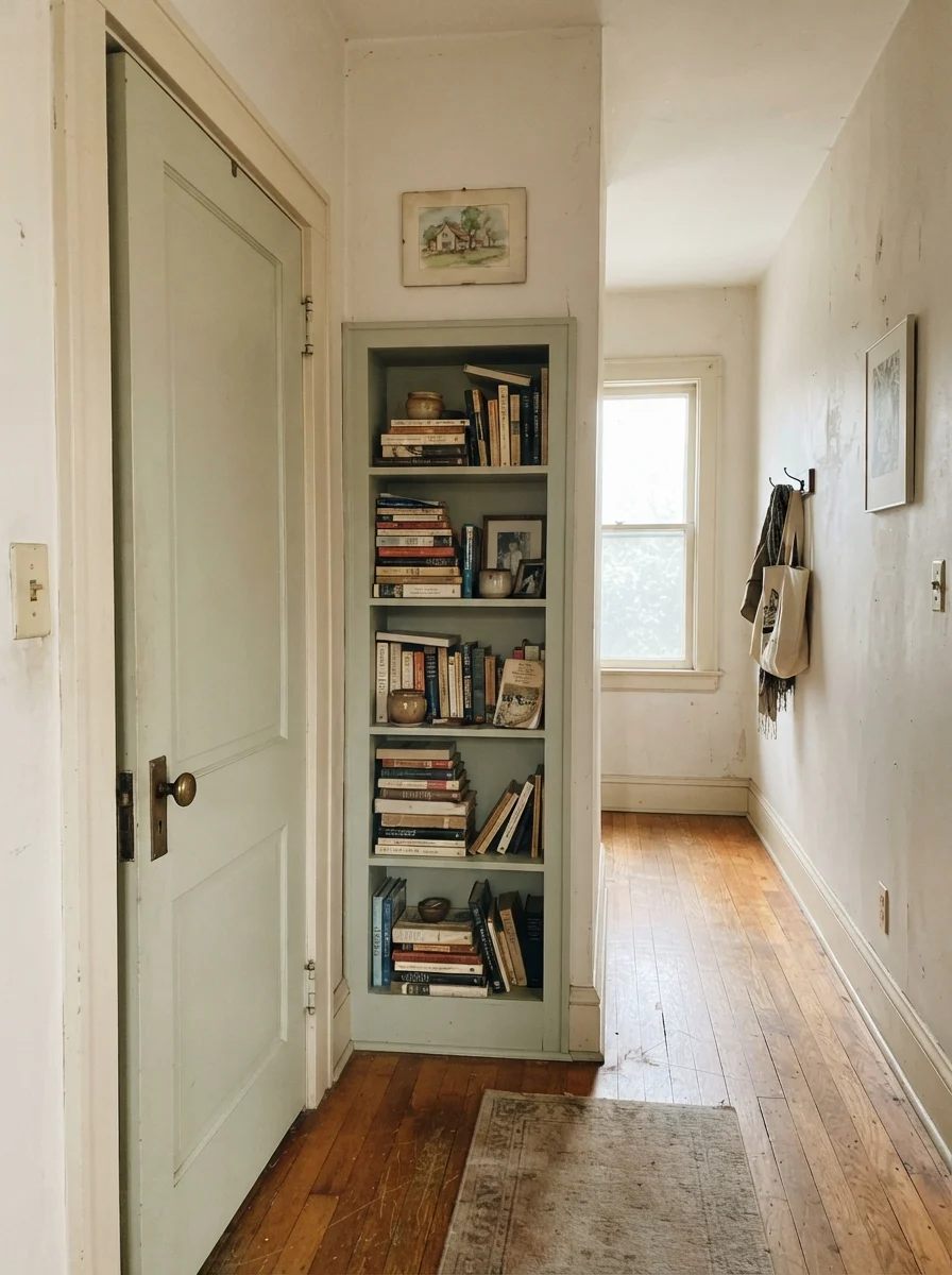 Two-panel door and built-in bookshelf painted in Swiss Coffee