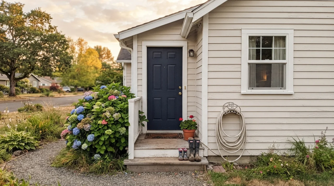 House exterior with Swiss Coffee siding, white trim, and navy front door