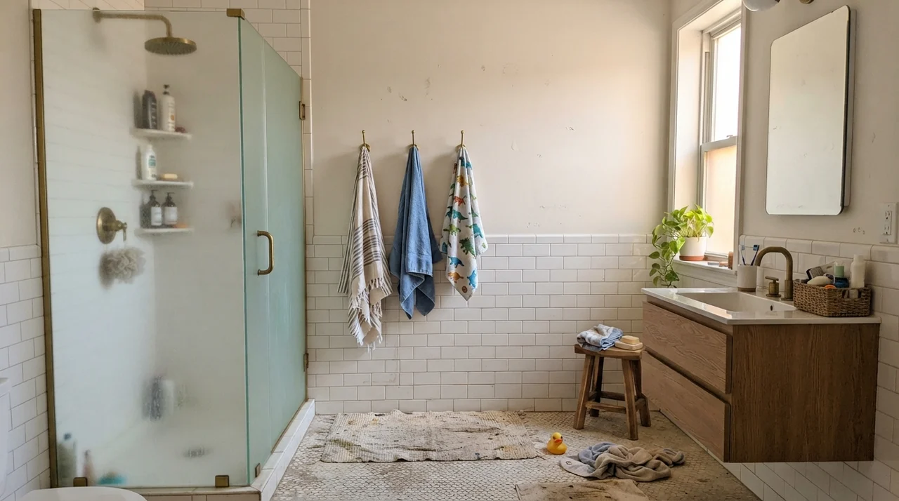Family bathroom with painted walls above white subway wainscoting and brass shower fixtures