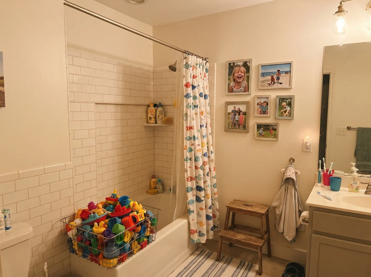 Kids bathroom with painted walls, bath toys in a basket, and subway tile