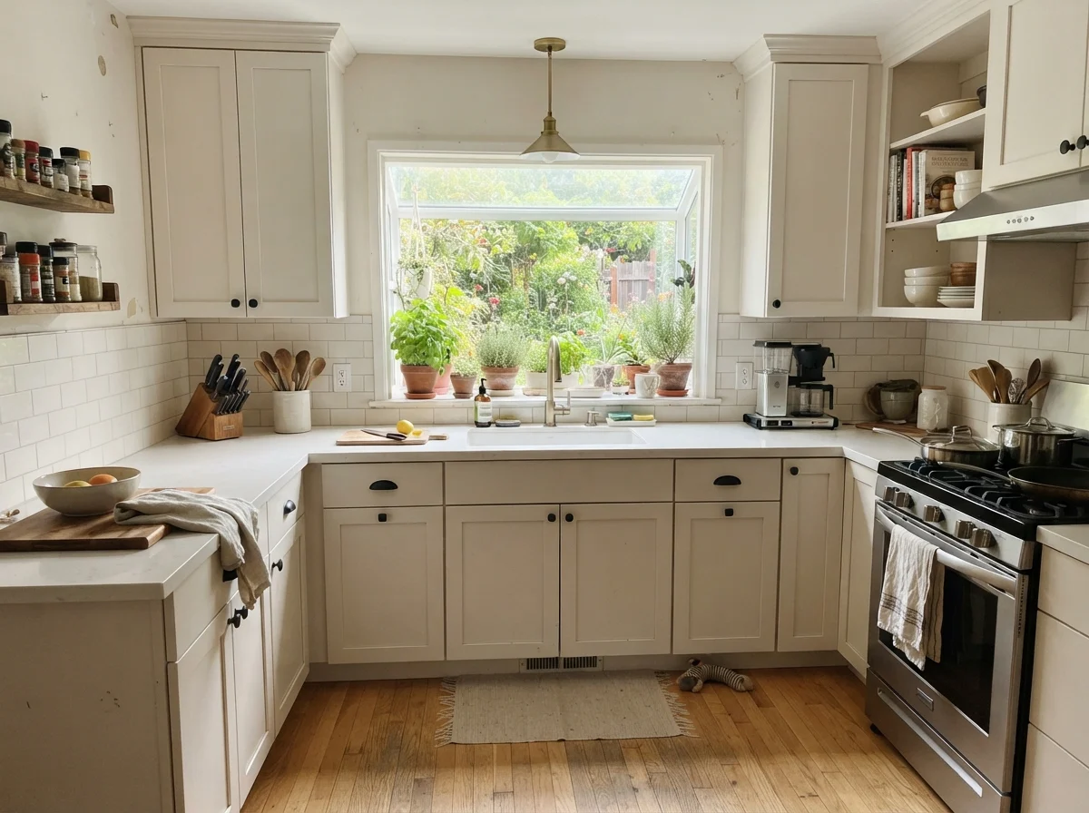 Kitchen with shaker cabinets painted in Swiss Coffee and light oak floors