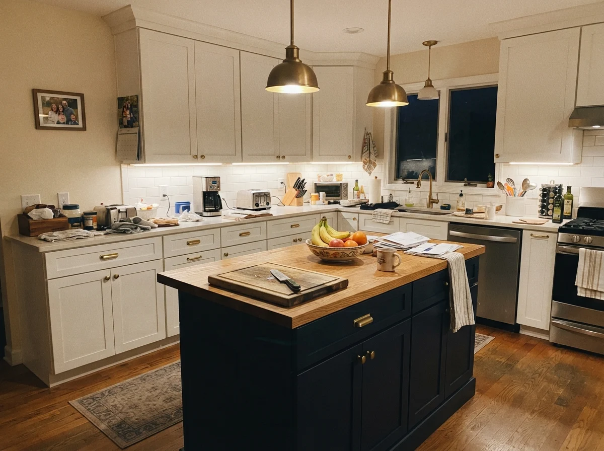 Kitchen island painted in Swiss Coffee surrounded by white cabinets