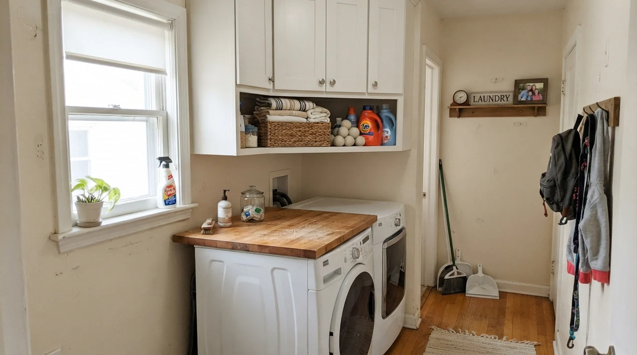Bright laundry room with butcher block counters and Swiss Coffee walls