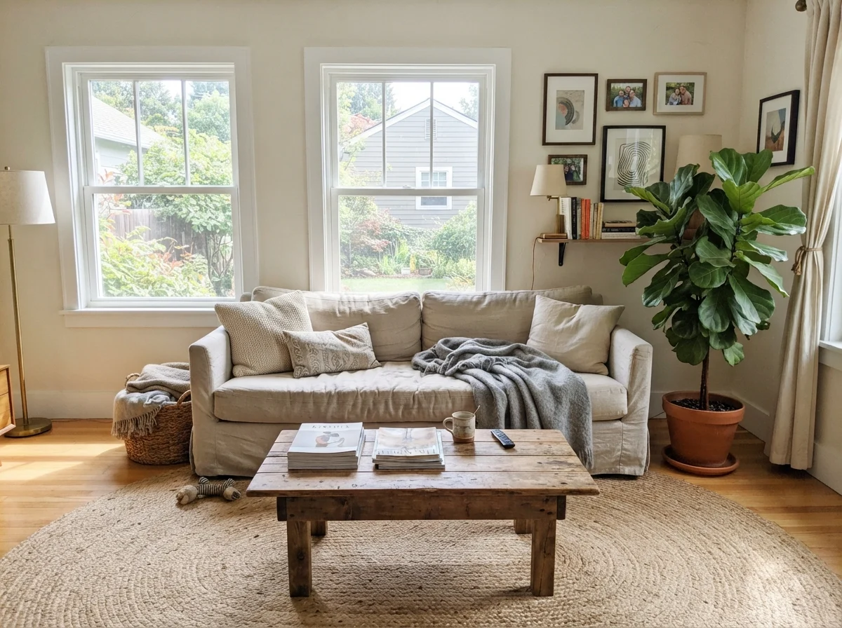 Sunny living room with linen sofa, jute rug, and painted walls