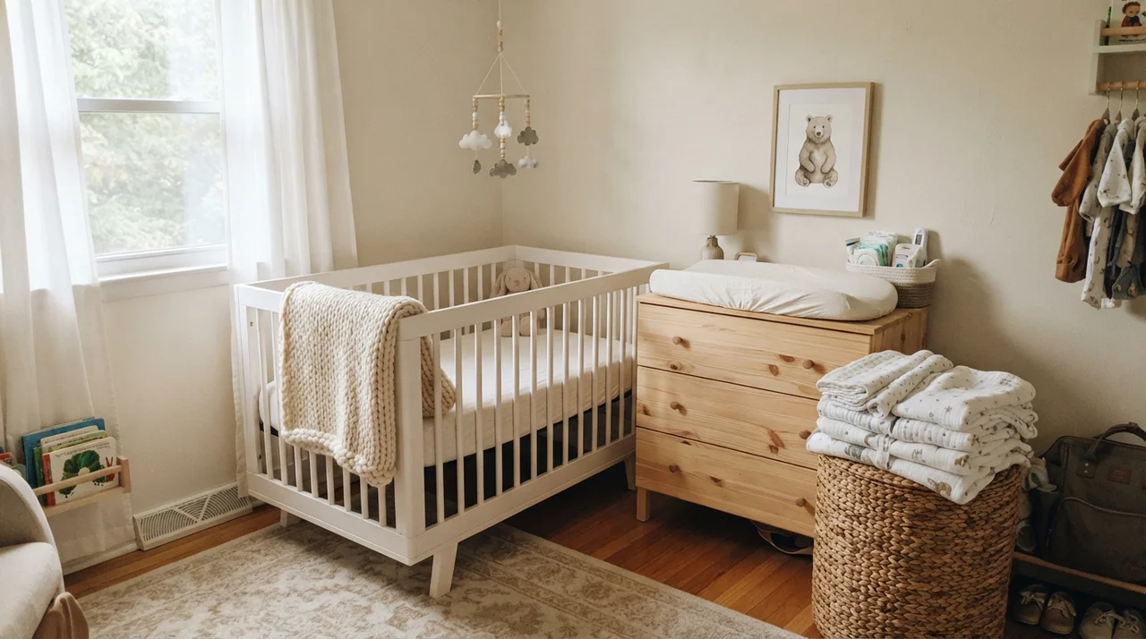 Nursery with white crib, light wood changing table, and Swiss Coffee walls