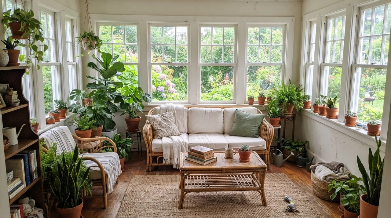 Sunroom with rattan furniture, terracotta pots, and Swiss Coffee walls