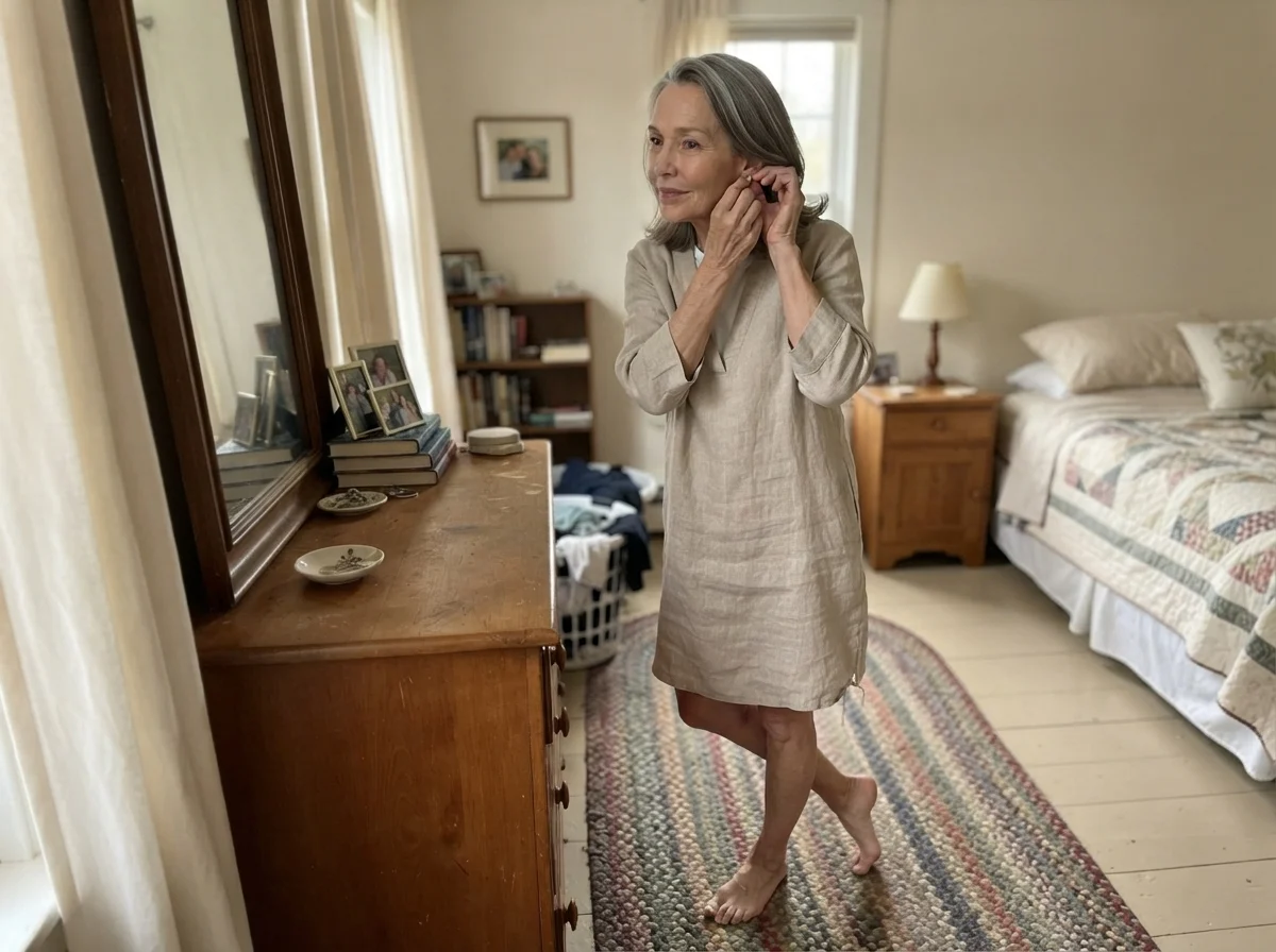 Susan fastening an earring against her bedroom wall painted in Behr Swiss Coffee