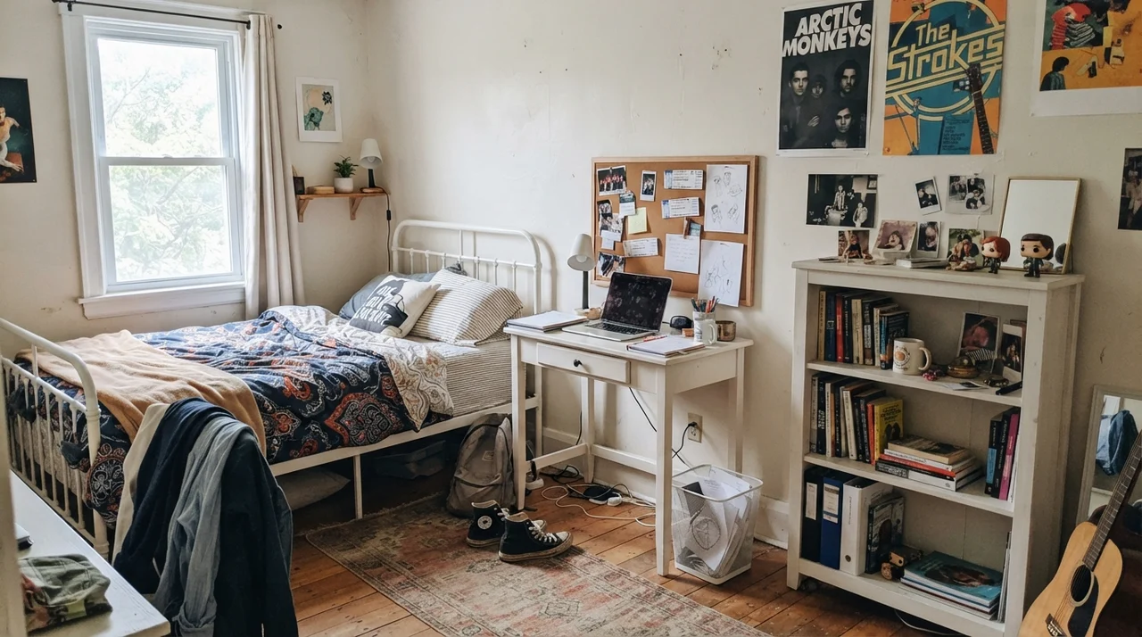 Teen bedroom with white metal bed, small desk, and painted walls