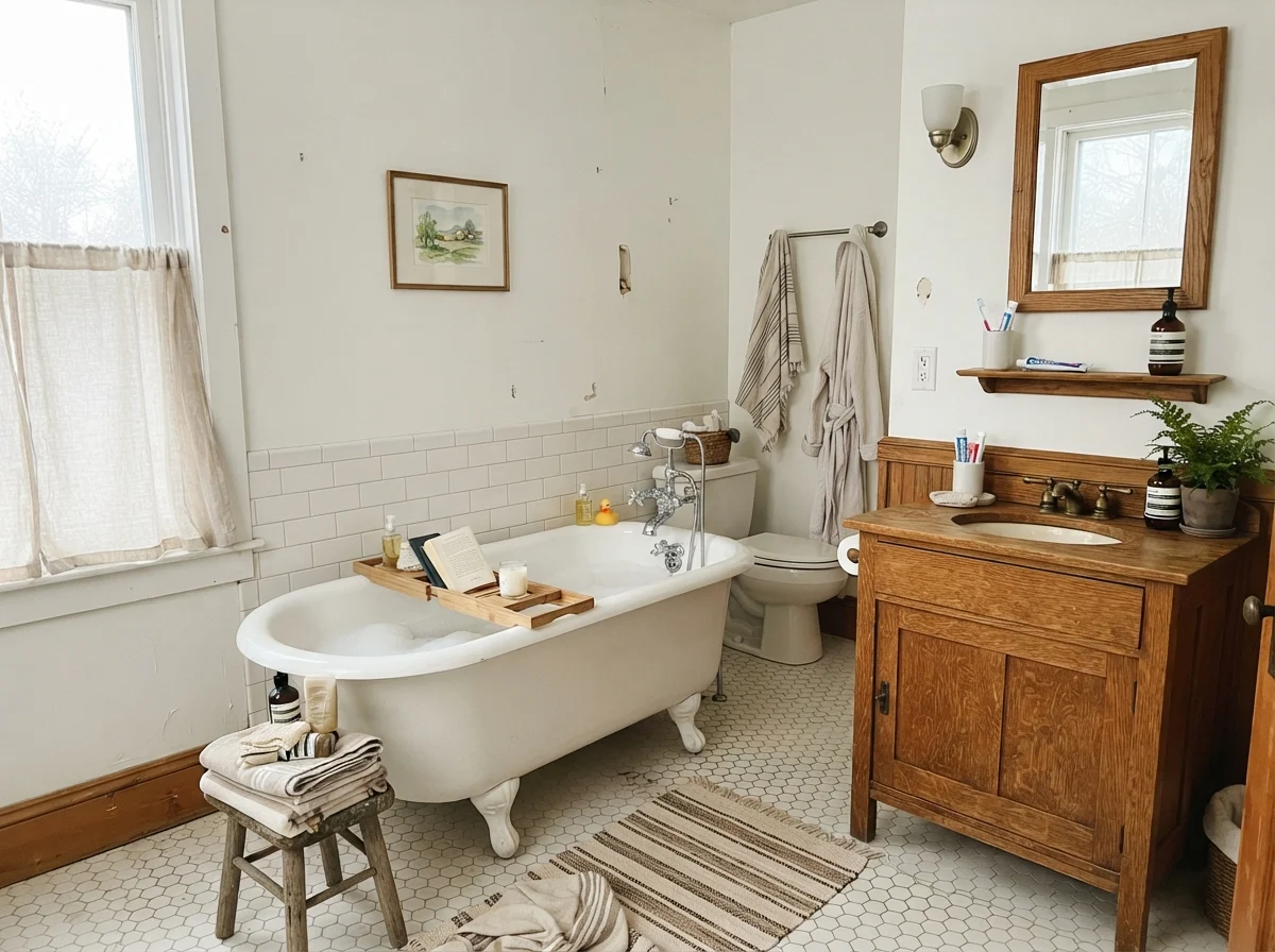 Cottage bathroom with white clawfoot tub, hex floor tile, oak vanity, and painted white walls