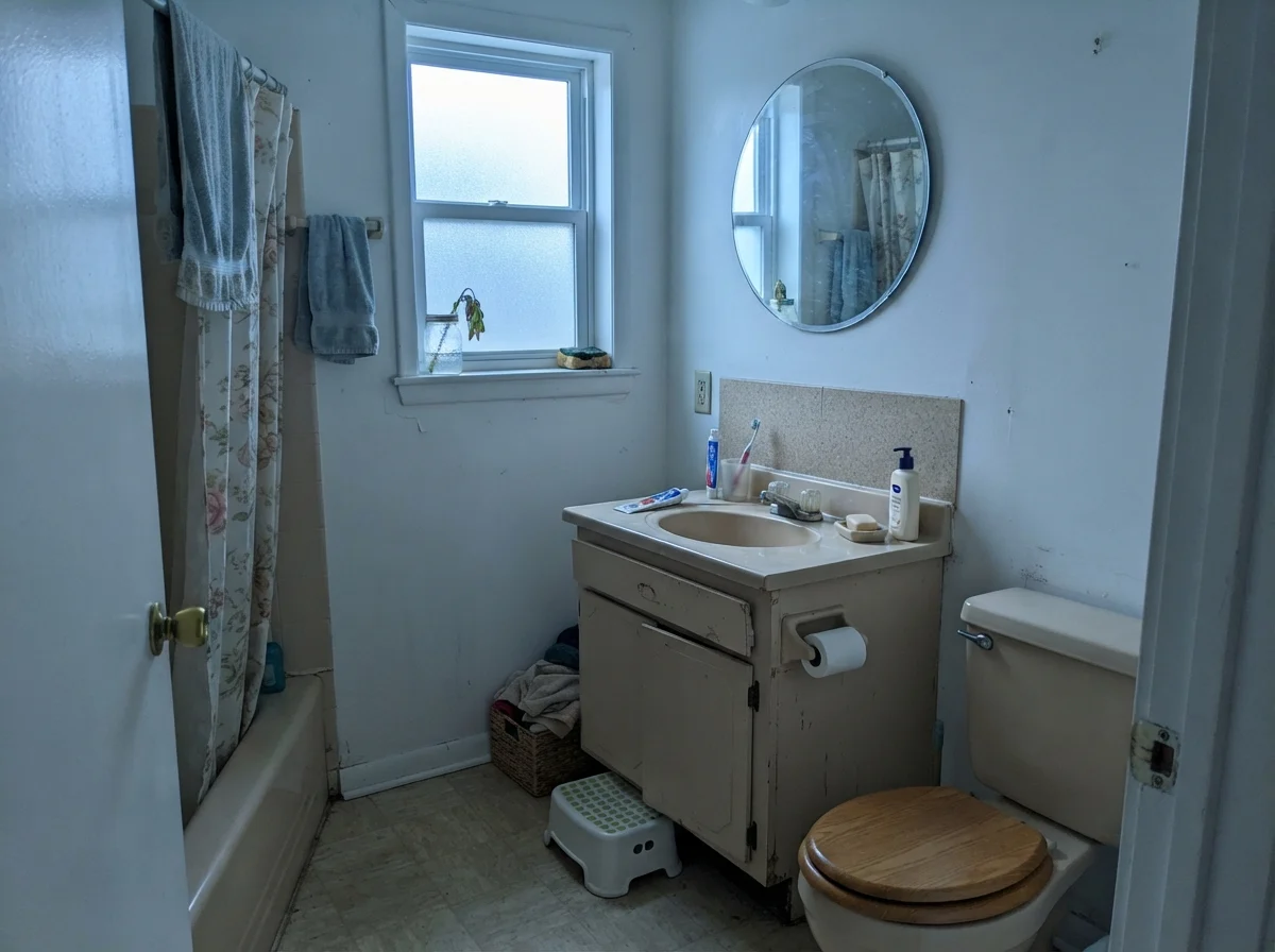 Modest dated bathroom with beige vanity showing cool blue cast on painted white walls