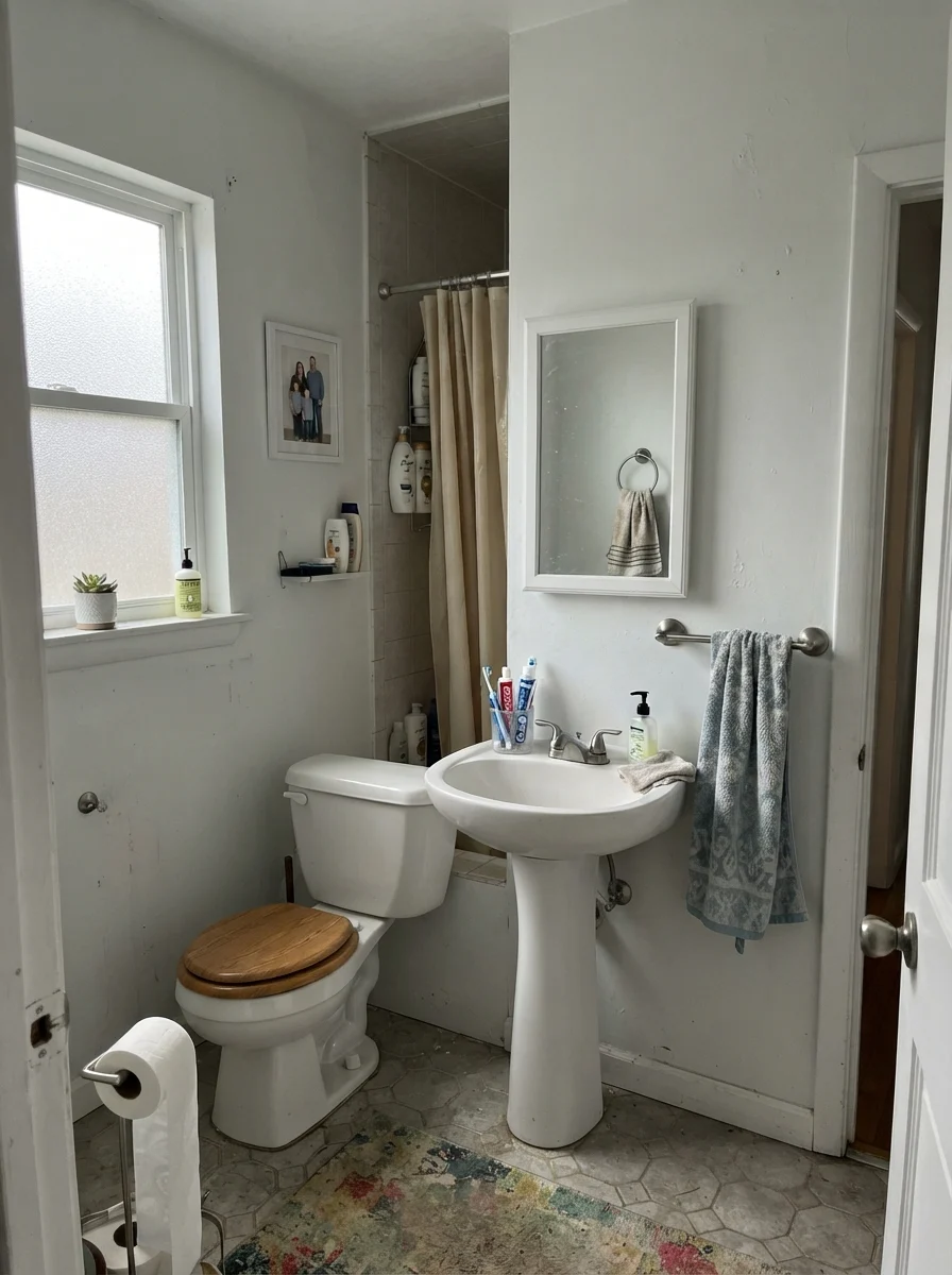 Small bathroom with frosted window and plain fixtures showing muted walls under overcast sky